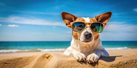 Dog wearing sunglasses relaxing at the beach, pretending to be a human on vacation, dog, sunglasses, beach, vacation, relaxing, animal, humor