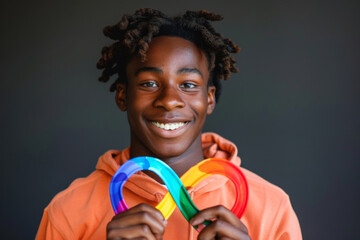 Сoncept of neurodiversity. Neurological differences in society. Portrait of a smiling young adult holding a colorful rainbow infinity sign
