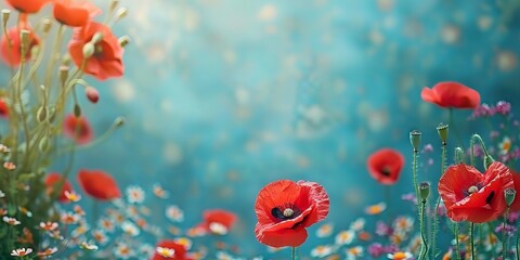 Fototapeta premium Floral Memorial Day concept background with poppy flowers and American flag motifs.