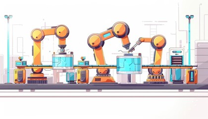 A cute cartoon Style ofA futuristic factory with automated conveyor belts and robotics