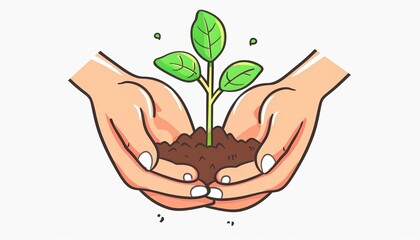 A cute cartoon Style ofHands holding a young seedling growing out of soil
