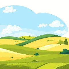 Obraz premium A cute cartoon Style ofA picturesque landscape with rolling hills and a clear blue sky