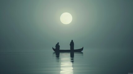 Naklejka premium A cinematic scene of Jesus walking on water towards his disciples in a boat under a moonlit sky, with reflections on the calm waters. The disciples watch in amazement and disbelief, adding to the dram