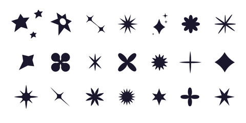  Set of y2k minimal geometric shapes thin line rings, abstract aesthetic element illustrated for banners, social media, poster design, sticker. Trendy design with frame, sparkles, star, lines
