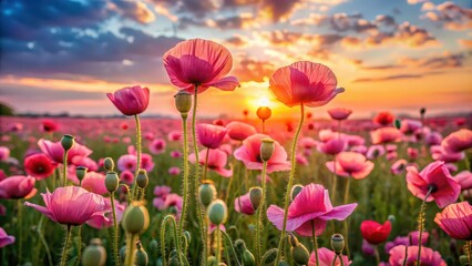 Wild pink poppy flowers on the meadow at sunset in the evening, wildflowers, pink, poppy, meadow, sunset, evening, nature