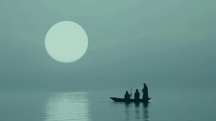 Naklejka premium A cinematic scene of Jesus walking on water towards his disciples in a boat under a moonlit sky, with reflections on the calm waters. The disciples watch in amazement and disbelief, adding to the dram