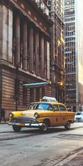 Vintage táxi amarelo em uma movimentada rua da cidade