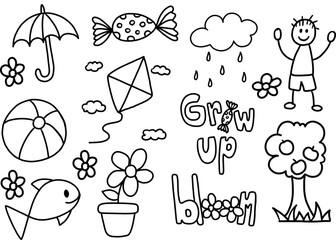 Hand drawn cute outlines of umbrella, candy, kite, boy, fish, flower, apple tree, ball, fish for good old days, spring, summer, picnic, nature, garden, cute patches, sticker, print, colouring book, ad