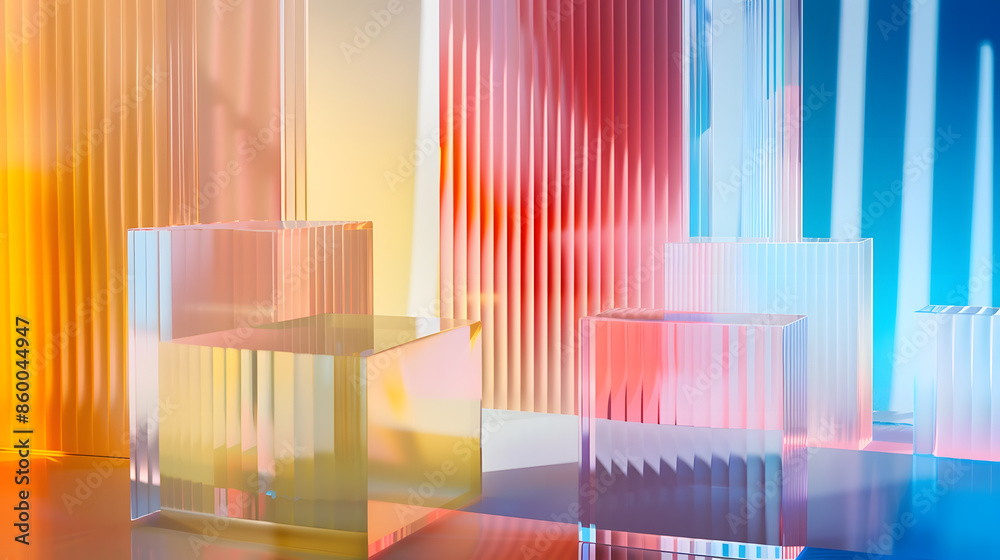 Poster bright colourful abstract background made by transparent and ribbed acrylic glass empty showcase for