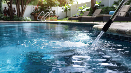Close-up of pool cleaning equipment in action, maintaining clear and clean water in a residential backyard pool.