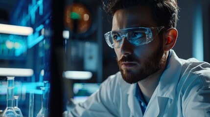 Scientist conducting advanced medical research in chemistry lab using AI, nanomaterials, genetic engineering, and copy space for text.