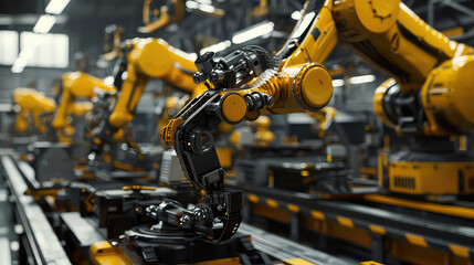 Advanced robotic arms working in an industrial factory. generated with AI