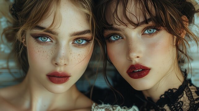 A close-up image of two women with captivating blue eyes, featuring intricate makeup and delicate freckles, creating a stunning visual contrast with their bold red lips.