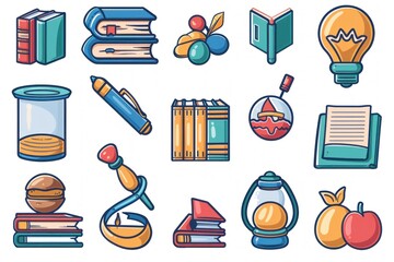 A diverse set of 2D icons representing education and learning, including a book, a pen, and an online learning icon. These icons are perfect for integrating into educational software, learning