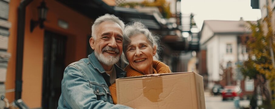 Smiling elderly couple joyfully relocating to new residence.