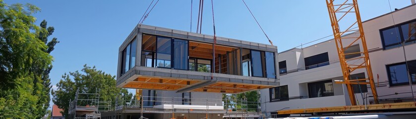 Obraz premium Modular home construction site with a crane lifting a prefabricated house section into place on a sunny day.