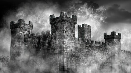 Fototapeta premium Ancient Stone Fortress Amidst the Fog