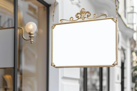 Blank vintage shop signboard hanging outside a store on a stylish city street, perfect for logo or text display.