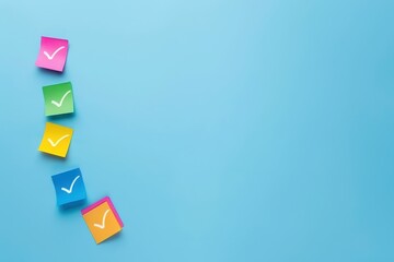 Colorful sticky notes with check marks on a blue background, representing organization, task management, and productivity.