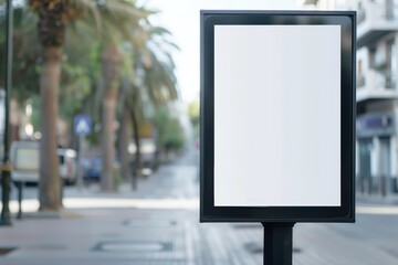 Empty outdoor advertising billboard on a city street, ready for your design or advertisement, with a blurred urban background.