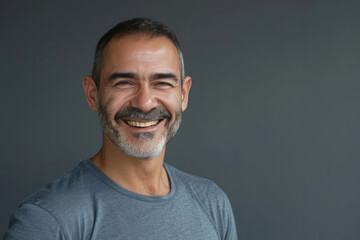 Fototapeta premium A friendly mature man with a big smile and short gray hair and beard against a dark gray background