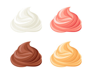 Creamy swirl set. Whipped cream, mousse. Strawberry, chocolate, vanilla and caramel cream. Dessert illustration in flat style. Food icons.
