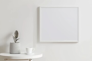 Minimalist interior with blank frame, potted plant, and coffee cup on a small white table against a white wall, perfect for home decor inspiration.