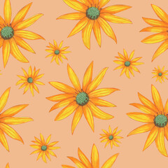 Topinambur Flower Seamless Pattern. Hand Drawn Floral Digital Paper on Pink Background.