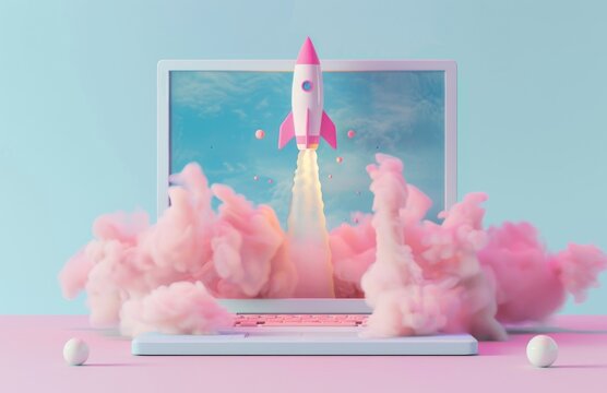 Pink rocket launching from laptop screen with cloud of smoke against mint green background - Powered by Adobe