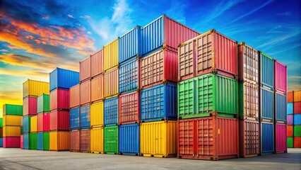 Fototapeta premium Colorful shipping containers lined up at a vibrant shipping port , shipping containers, colorful, stacked, cargo