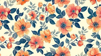 Floral seamless pattern with orange flowers and blue leaves 