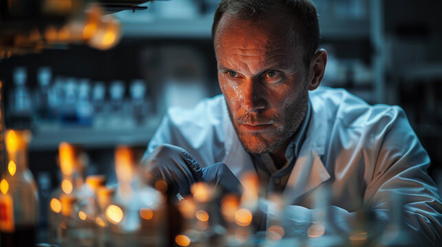 A determined scientist carefully examines samples in a laboratory, surrounded by scientific equipment and glowing lights.