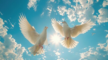 Fototapeta premium Pair of elegant white doves soaring in a clear blue sky with soft, fluffy clouds and bright sunlight, symbolizing peace, freedom, and harmony in a serene atmosphere.