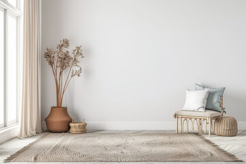 Rustic room interiors design composition with wooden elements and relaxing tones. Residential home decor concept image.