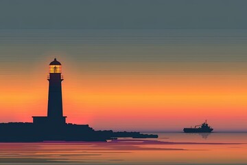 Lighthouse and boat at sunset over calm waters