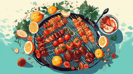 Festive BBQ flat design top view summer cookout theme cartoon drawing Complementary Color Scheme