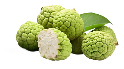 Fototapeta premium a group of green fruits with leaves on a white background