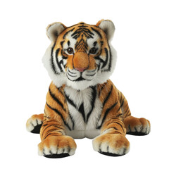 Obraz premium A plush tiger cub toy with orange and black stripes sits on an isolated background with its paws in front of it.