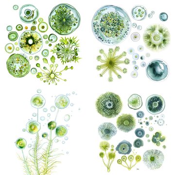 Set Of Watercolor Phytoplankton Leathesia Difformis Illustration On White Background