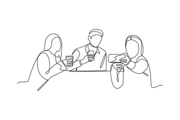 Simple line drawing of old friend selfie together at a hangout. Happy people eating, talking at home and restaurants parties, hangouts with food and drinks. 