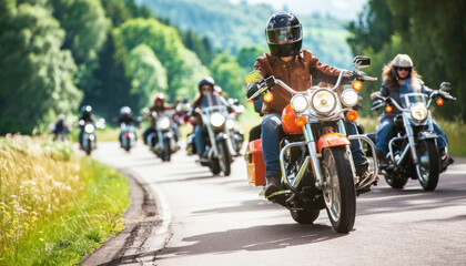 A group of motorcyclists on a journey, racing along the road surrounded by beautiful scenery