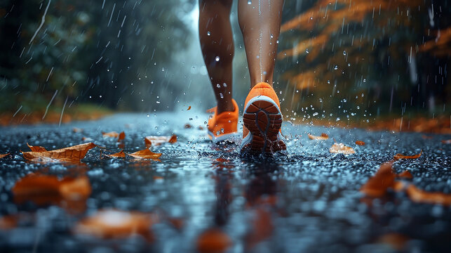 sports and strength wide horizontal banner background image with rear bottom angle view of woman runner legs with sports shoes in a rainy day, wet floor and water spread in sides.  