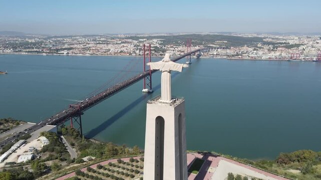 Ponte 25 de Avril Bridge, Christ the King statue, Alameda, Tagus River, Lisbon, Portugal