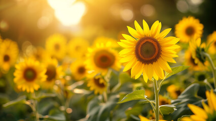 Obraz premium Sunflowers blooming in garden with golden sunlight