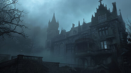 Fototapeta premium Scary haunted castle in the fog. Haunted house for Halloween design.