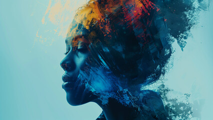 Artistic portrait of woman, blending vibrant colors and abstract textures, creating dynamic and expressive visual composition