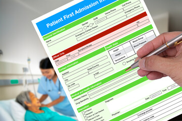 Blank patient first admission form with nures takecare old woman patient lying on bed in background.