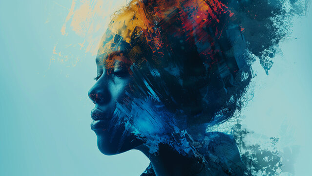 Artistic portrait of woman, blending vibrant colors and abstract textures, creating dynamic and expressive visual composition