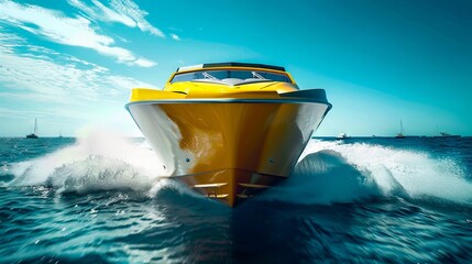 Fototapeta premium A yellow speed boat is traveling through the water.