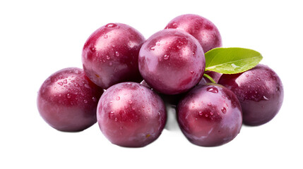 a pile of plums with a leaf on top
